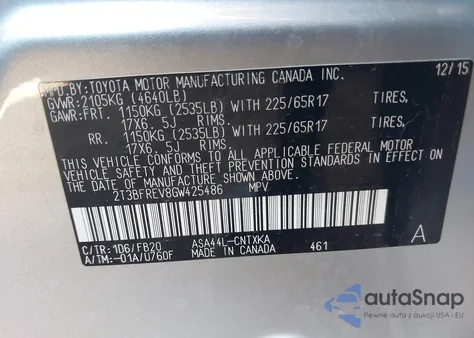 2016 Toyota Rav4 Le z USA, uszkodzony, nr VIN 2T3BFREV8GW425486